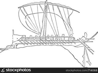 Greek ship, vintage engraved illustration.
