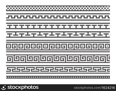 Greek style seamless frames. Geometric border set. Vector ornament pattern. Mediterranean decor elements. Greek style seamless frames. Geometric border set. Vector ornament pattern. Mediterranean decor elements.