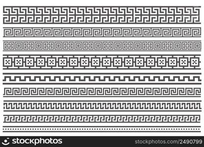 Greek style seamless frames. Geometric border set. Vector ornament pattern. Mediterranean decor elements. Greek style seamless frames. Geometric border set. Vector ornament pattern. Mediterranean decor elements.
