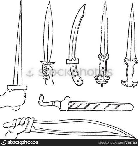 Greek Swords, vintage engraved illustration. Trousset encyclopedia (1886 - 1891).