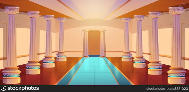 Greek temple, roman architecture, castle corridor with columns and arch entrance. Palace hall with pillars, ancient building design, empty ball room or theater interior. Cartoon vector illustration. Greek temple, roman architecture, castle corridor