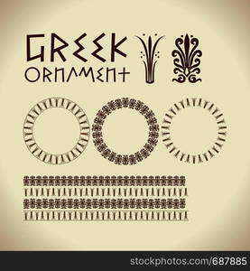 Greek traditional ornament, meander border set. Vector antique frames. Decoration element patterns. Ethnic vector isolated illustration. Can be used as divider, frame, other design.. Greek traditional ornament, meander border set. Vector antique frames. Decoration element patterns. Ethnic vector isolated illustration.