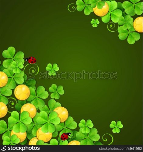 Green abstract background with clover leaves and golden coins for St. Patrick&rsquo;s Day