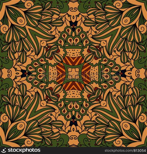 Green and beige floral decorative outline pattern with leaves and swirls. Vector illustration. Green and beige floral decorative pattern
