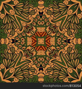 Green and beige floral decorative outline pattern with leaves and swirls. Vector illustration. Green and beige floral decorative pattern