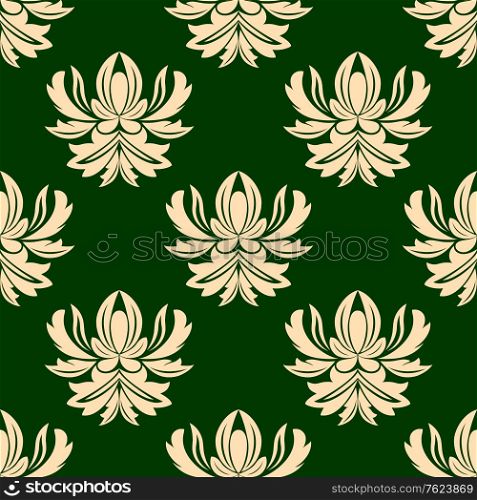 Green and beige seamless arabesque pattern with large floral motifs in square format suitable for damask style fabric and wallpaper