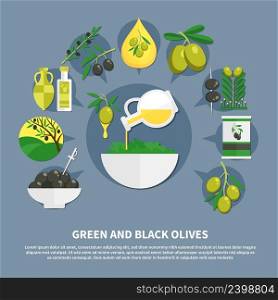 Green and black olives, canned products, oil, bowl with salad, flat composition on grey background vector illustration. Olives Flat Composition