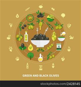 Green and black olives round composition on sand background with decorations, canned food and oil vector illustration . Olives Round Composition