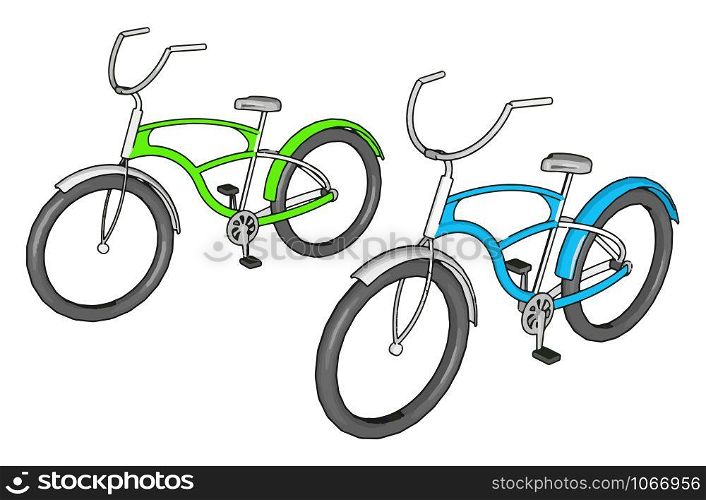 Green and blue bike, illustration, vector on white background.
