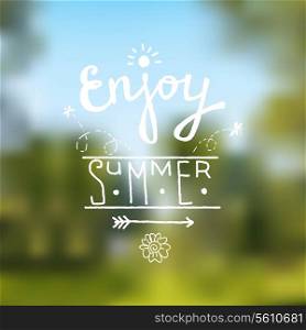 Green and blue summer background with vintage hand drawn enjoy summer label vector illustration