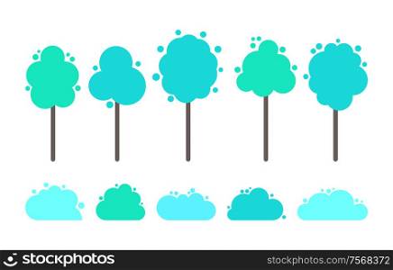 Green and blue trees with splash and dots, vector isolated abstract trees and bushes. Cartoon style plants, elements of wood or forest, organic nature greenery. Green and Blue Trees with Splash and Dots, Vector