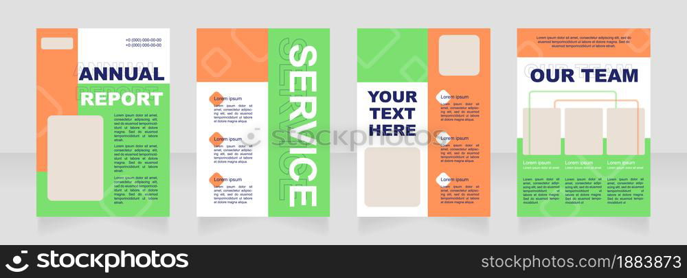 Green and orange blank brochure layout design. Event organization. Vertical poster template set with empty copy space for text. Premade corporate reports collection. Editable flyer paper pages. Green and orange blank brochure layout design