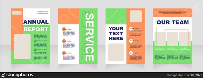 Green and orange blank brochure layout design. Event organization. Vertical poster template set with empty copy space for text. Premade corporate reports collection. Editable flyer paper pages. Green and orange blank brochure layout design