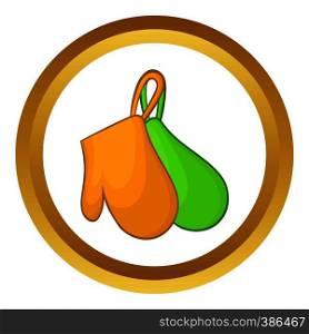 Green and orange kitchen gloves vector icon in golden circle, cartoon style isolated on white background. Green and orange kitchen gloves vector icon