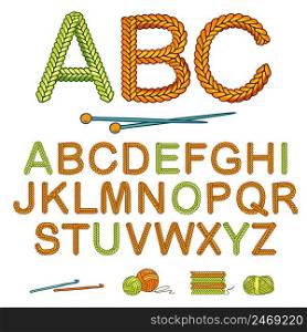 Green and orange warm knitting alphabet icon set isolated with balls of yarn vector illustration. Warm Knitting Alphabet Icon Set