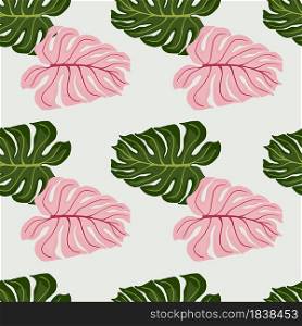 Green and pink colored monstera leaf shapes seamless pattern. Light blue background. Simple style. Decorative backdrop for fabric design, textile print, wrapping, cover. Vector illustration.. Green and pink colored monstera leaf shapes seamless pattern. Light blue background. Simple style.