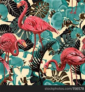 Green and pink seamless vector floral pattern background with tropical palm leaves, flamingo. Seamless pattern with flamingos and tropical plants.. Green and pink seamless vector floral pattern background with tropical palm leaves, flamingo. Seamless pattern with flamingos and tropical plants. Vector clipart.