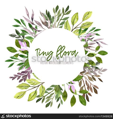 Green and purple leaves and branches, Round banner, watercolor tiny floral elements around. Hand drawn vector illustration, design template.