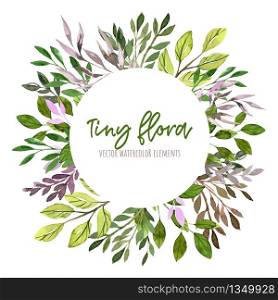 Green and purple leaves and branches, Round banner, watercolor tiny floral elements around. Hand drawn vector illustration, design template.