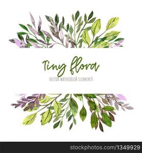 Green and purple leaves and branches. Watercolor tiny floral elements, stripe banner, hand drawn vector illustration.