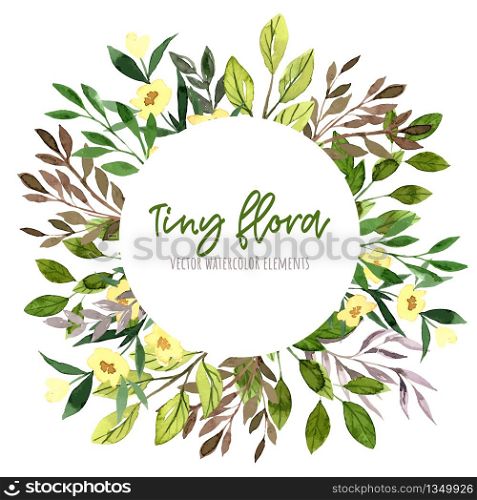 Green and purple leaves and branches, yellow flowers. Round banner, watercolor tiny floral elements around. Hand drawn vector illustration, design template.