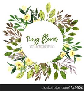 Green and purple leaves and branches, yellow flowers. Round banner, watercolor tiny floral elements around. Hand drawn vector illustration, design template.