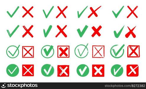 Green and red check marks. Cross and tick elements check list, yes or no checking indicators, right or wrong answers icon on white background. Vector set. Round and square checkbox. Green and red check marks. Cross and tick elements check list, yes or no checking indicators, right or wrong answers icon on white background. Vector set