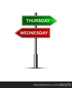 Green and red road sign with the name of the days of the week Thursday and Wednesday