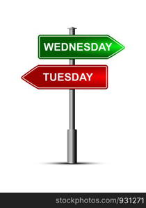 Green and red road sign with the name of the days of the week Tuesday and Wednesday