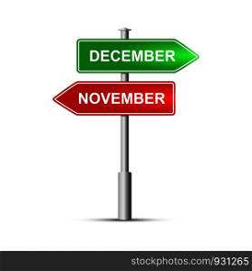 Green and red road sign with the name of the months of the year December and November.