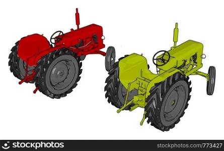 Green and red tractors vector illustration on white background