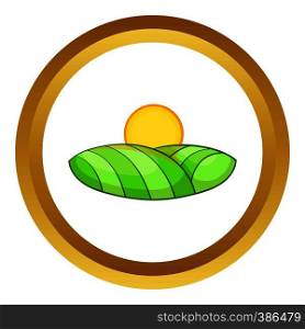 Green and sun vector icon in golden circle, cartoon style isolated on white background. Green and sun vector icon
