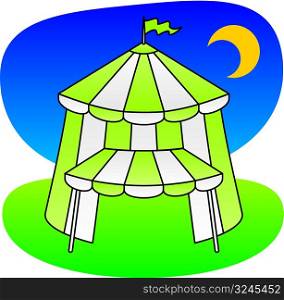 Green and white circus tent under a night sky