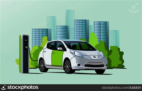 Green and white electric car charging at charging station, cityscape on background, ecological transport, flat style vector illustration. Electric car charging at charger station, cityscape on background