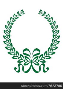 Green and white foliate laurel wreath with a twirling decorative ribbon enclosing black copyspace
