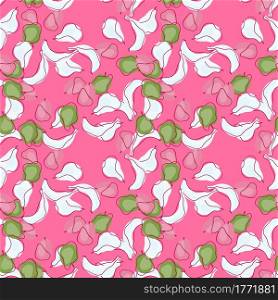 Green and white random contoured abstract fruits seamless pattern. Pink background. Banana, apple, pear and plum print. Designed for fabric design, textile print, wrapping, cover. Vector illustration.. Green and white random contoured abstract fruits seamless pattern. Pink background. Banana, apple, pear and plum print.