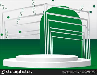 Green and white Sci-fi vector 3D product display. Abstract Stage showcase. Futuristic room, cylinder pedestal podium. Mockup for presentation. Minimal geometric forms, empty scene.
