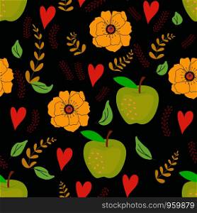 Green apple and yellow flower seamless pattern on black background. Flat cartoon style. Vector design for wrapping paper, background, cards, fabric.. Green apple and yellow flower seamless pattern on black.