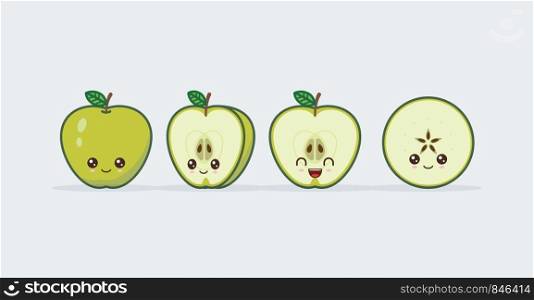 Green apple cute kawaii mascot. Set of funny kawaii drawn fruit in the cut