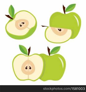 green apple, half and quarter apples with leaves. set green apples with leaves