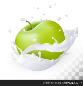 Green apple in a milk splash on a transparent background. Vector.