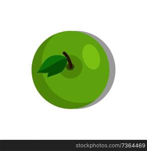Green apple, isolated fruit, vector illustration, small leaf of ripe organic product, shadow and reflection on round food surface, white background.. Green Apple, Isolated Fruit, Vector Illustration