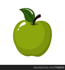 Green apple isolated on white background. Organic fruit. Cartoon style. Vector illustration for any design.