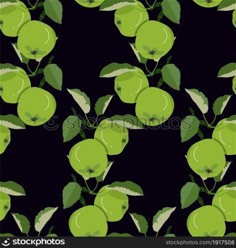 Green apple seamless pattern on black art design stock vector illustration for web, for print, for fabric print