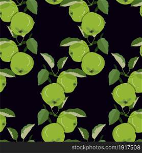Green apple seamless pattern on black art design stock vector illustration for web, for print, for fabric print