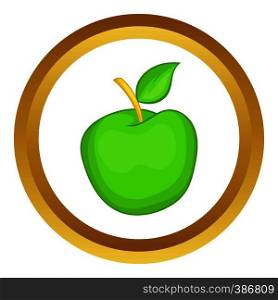Green apple vector icon in golden circle, cartoon style isolated on white background. Green apple vector icon