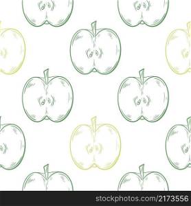 Green apples hand engraving seamless pattern. Background rugs of apples. Template with fruits for fabric, wrapping and wallpaper, vector illustration. Green apples hand engraving seamless pattern