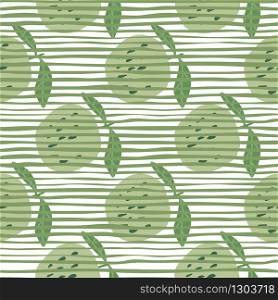 Green apples seamless pattern in doodle style on stripes background. Botanical print. Trendy vector illustration. Modern design for fabric, textile print, wrapping paper, children textile.. Green apples seamless pattern in doodle style on stripes background.