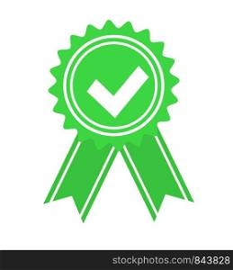 Green approved or certified medal icon in a flat design with shadow
