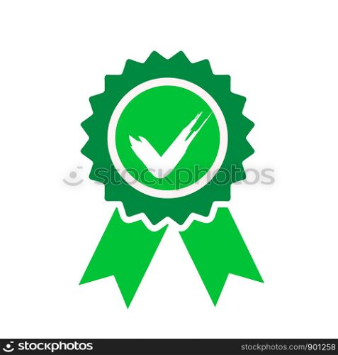 Green approved or certified medal icon in a flat design with shadow